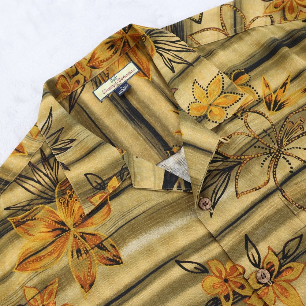 Tommy Bahama Relax Mens XL Silk Tropical Floral Striped Camp Shirt Olive Gold